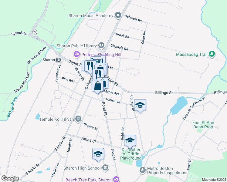 map of restaurants, bars, coffee shops, grocery stores, and more near 20 Maple Avenue in Sharon
