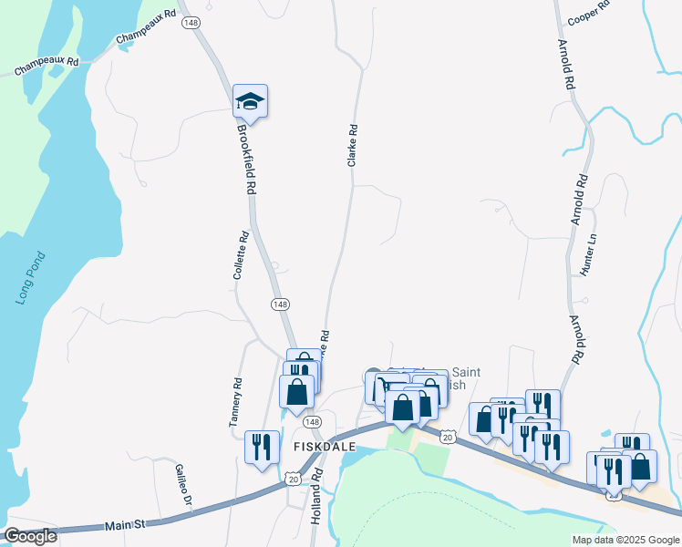 map of restaurants, bars, coffee shops, grocery stores, and more near 38 Clark Road in Sturbridge