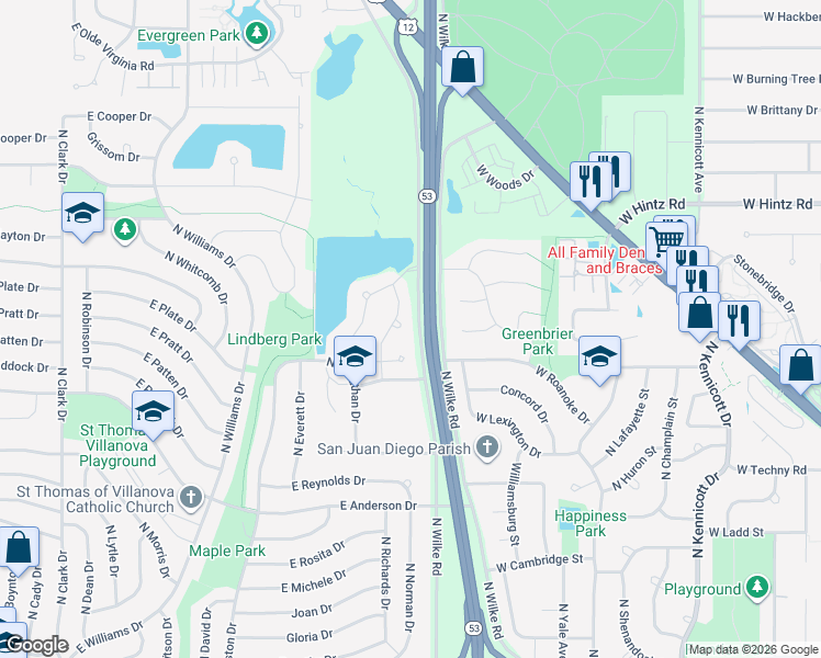 map of restaurants, bars, coffee shops, grocery stores, and more near 673 Newkirk Lane in Palatine