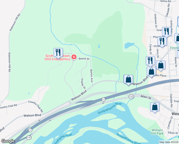 map of restaurants, bars, coffee shops, grocery stores, and more near 21 Barton Ave in Johnson City