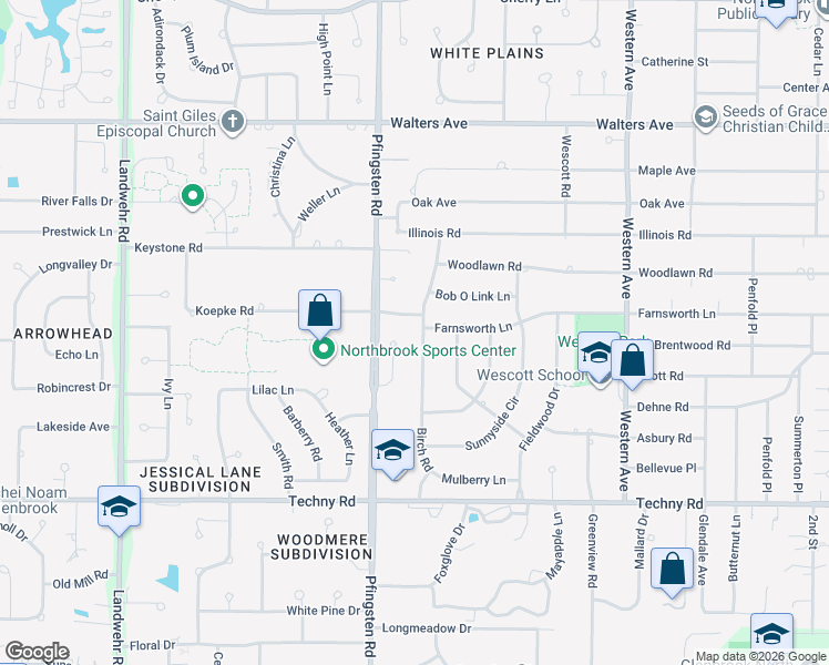 map of restaurants, bars, coffee shops, grocery stores, and more near 1722 Birch Road in Northbrook