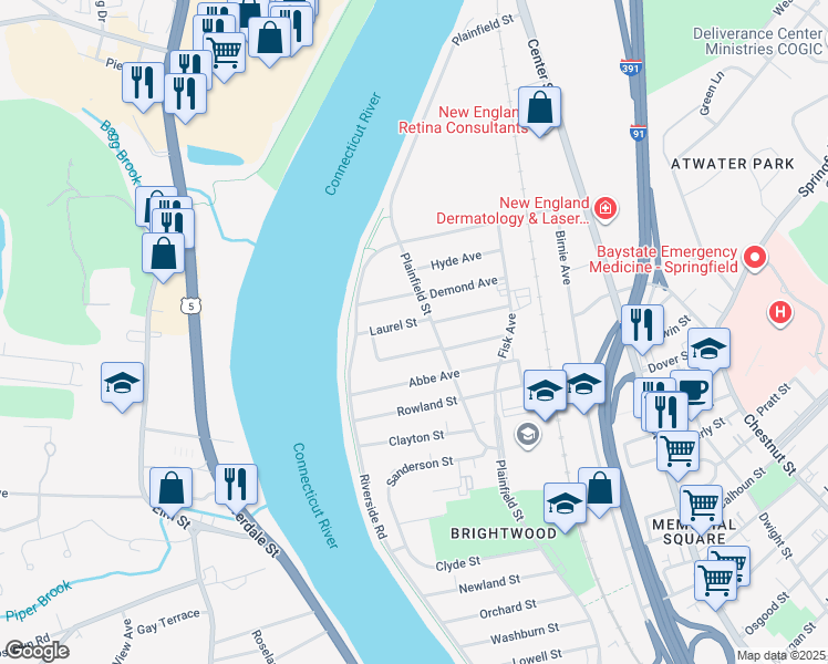 map of restaurants, bars, coffee shops, grocery stores, and more near 546 Plainfield Street in Springfield