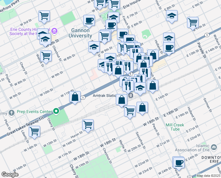 map of restaurants, bars, coffee shops, grocery stores, and more near in Erie