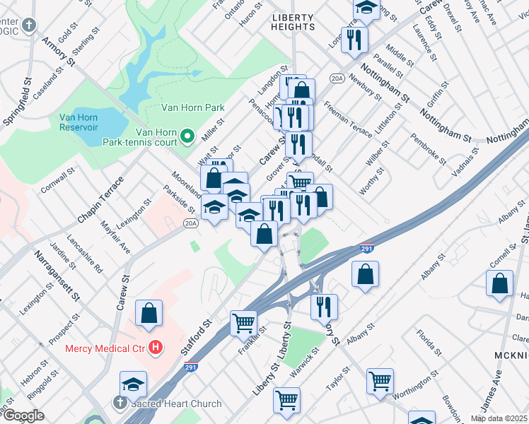 map of restaurants, bars, coffee shops, grocery stores, and more near 25 Cleveland Street in Springfield