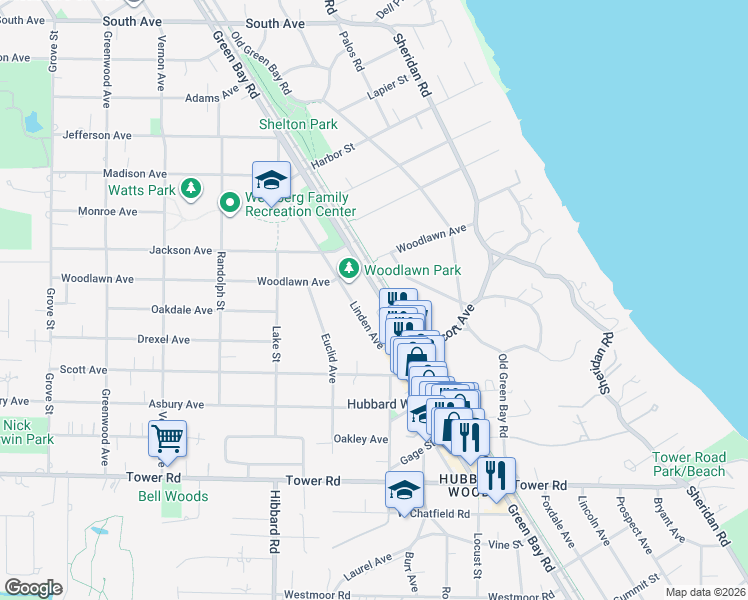 map of restaurants, bars, coffee shops, grocery stores, and more near 136 Green Bay Road in Glencoe