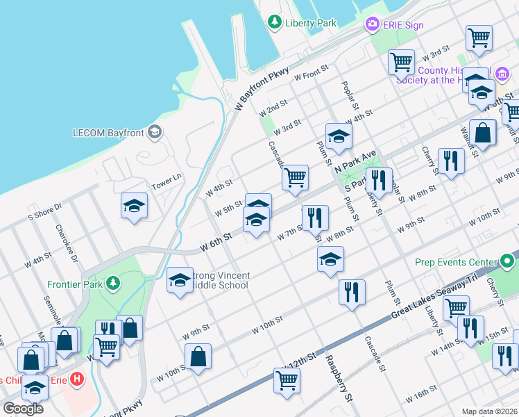 map of restaurants, bars, coffee shops, grocery stores, and more near 512 Raspberry Street in Erie