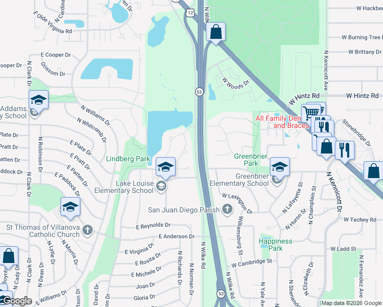 map of restaurants, bars, coffee shops, grocery stores, and more near 673 N Newkirk Ln in Palatine