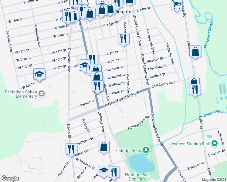 map of restaurants, bars, coffee shops, grocery stores, and more near 105 Hope Street in Elmira Heights