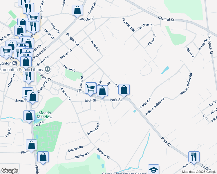 map of restaurants, bars, coffee shops, grocery stores, and more near 55 Boylston Street in Stoughton