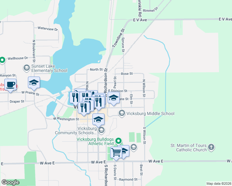 map of restaurants, bars, coffee shops, grocery stores, and more near 320 East Division Street in Vicksburg
