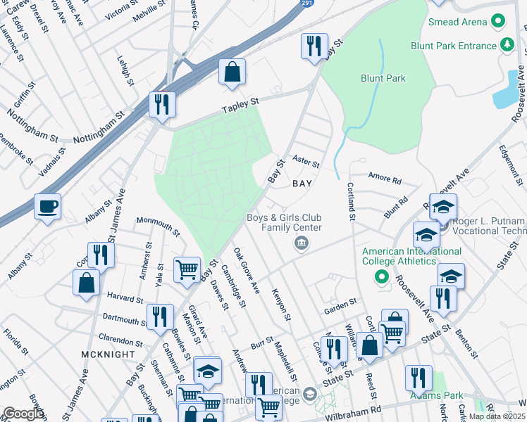 map of restaurants, bars, coffee shops, grocery stores, and more near 13-15 Edgewood St in Springfield
