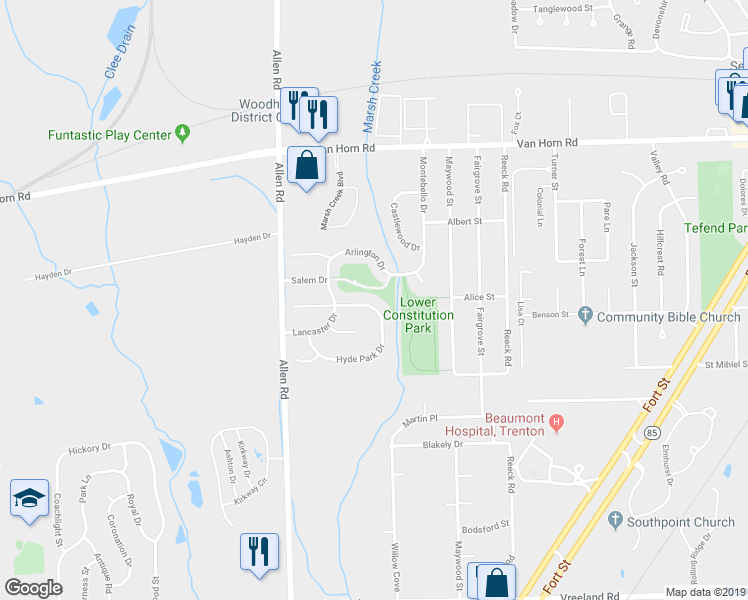 map of restaurants, bars, coffee shops, grocery stores, and more near 19054 Forrest Hill Drive in Trenton