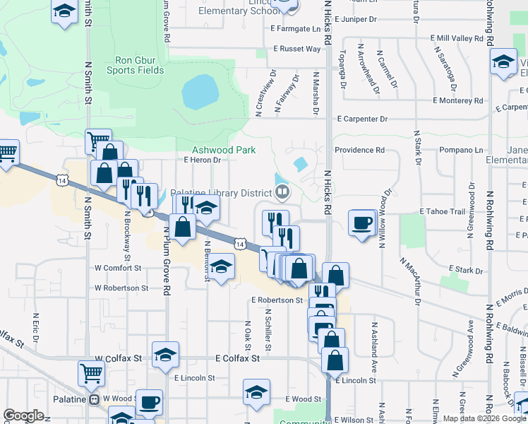 map of restaurants, bars, coffee shops, grocery stores, and more near 625 North Ct in Palatine