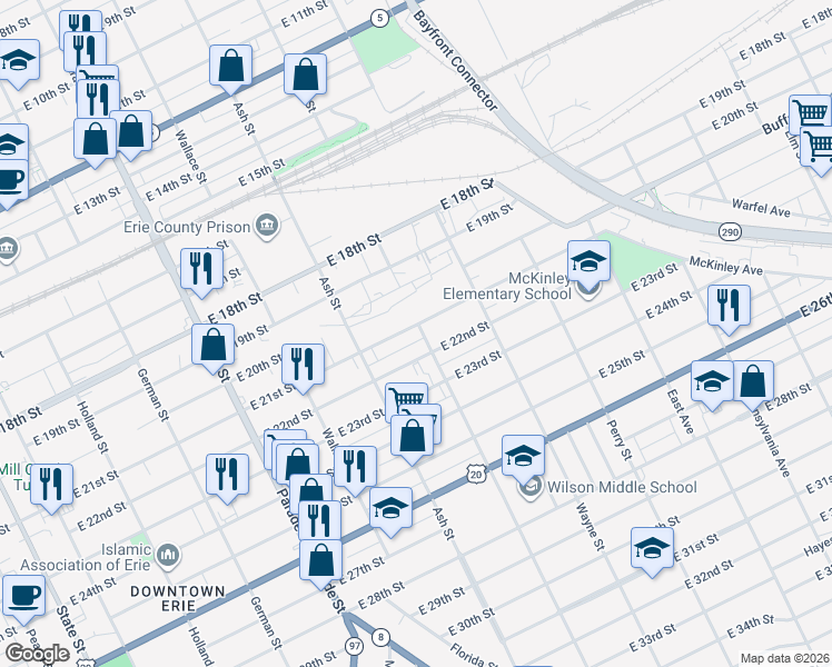 map of restaurants, bars, coffee shops, grocery stores, and more near 655 E 21st St in Erie