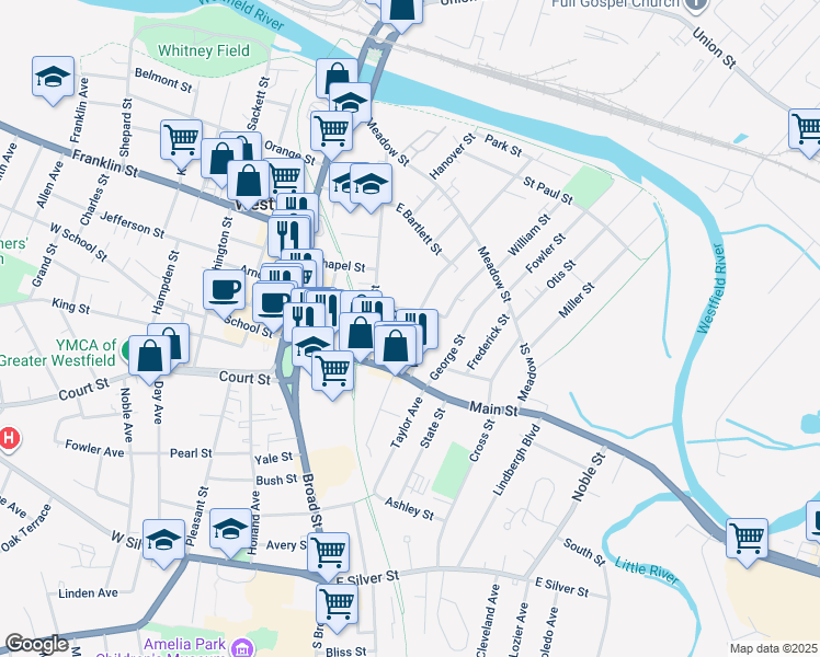 map of restaurants, bars, coffee shops, grocery stores, and more near 32 White St in Westfield