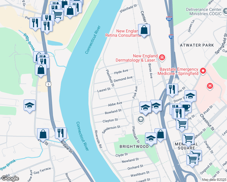 map of restaurants, bars, coffee shops, grocery stores, and more near 546 Plainfield Street in Springfield