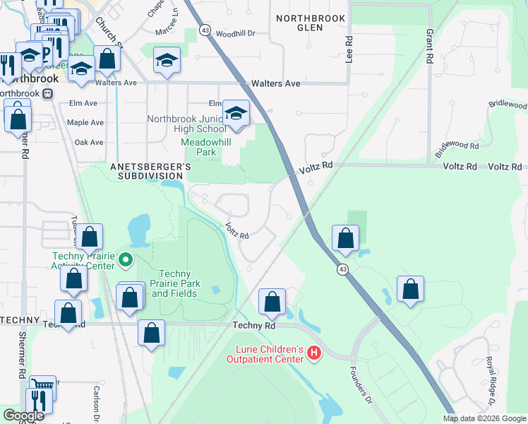 map of restaurants, bars, coffee shops, grocery stores, and more near 1430 Voltz Road in Northbrook