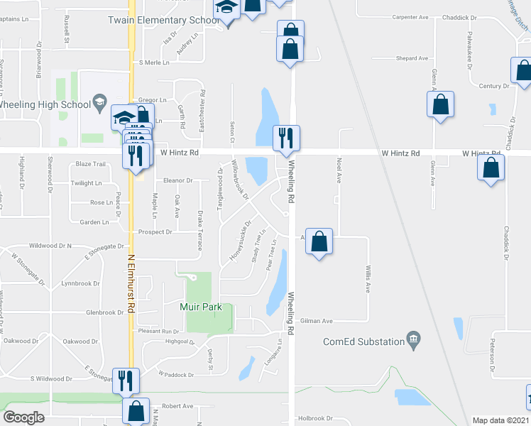 map of restaurants, bars, coffee shops, grocery stores, and more near 943 Willowbrook Drive in Wheeling