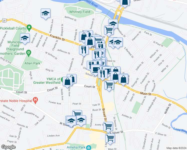 map of restaurants, bars, coffee shops, grocery stores, and more near 7 School Street in Westfield
