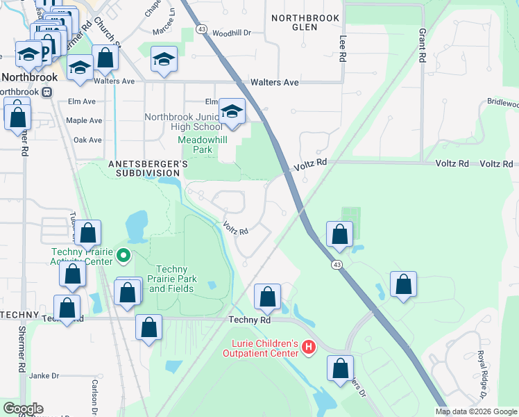 map of restaurants, bars, coffee shops, grocery stores, and more near 1430 Voltz Road in Northbrook
