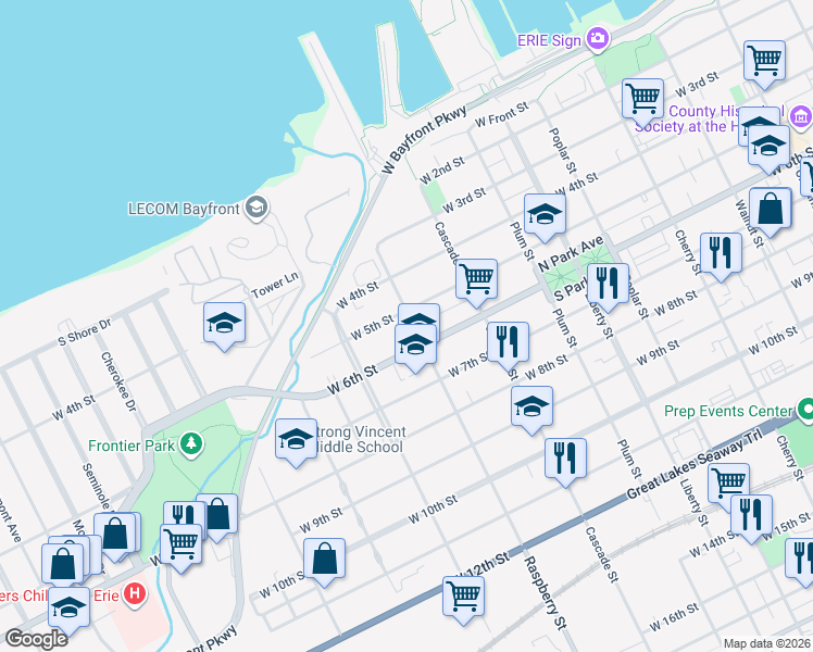map of restaurants, bars, coffee shops, grocery stores, and more near 512 Raspberry Street in Erie
