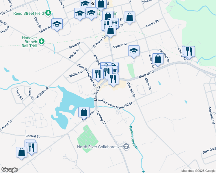 map of restaurants, bars, coffee shops, grocery stores, and more near 105 Massachusetts 123 in Rockland