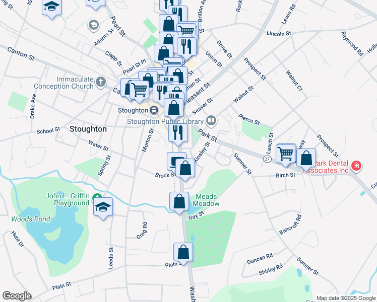 map of restaurants, bars, coffee shops, grocery stores, and more near 49 Kinsley Street in Stoughton