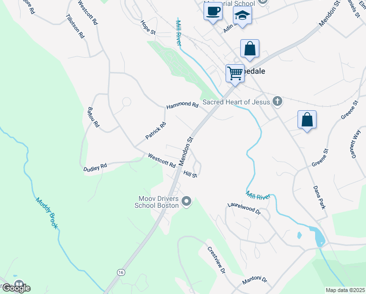 map of restaurants, bars, coffee shops, grocery stores, and more near 211 Mendon Street in Hopedale