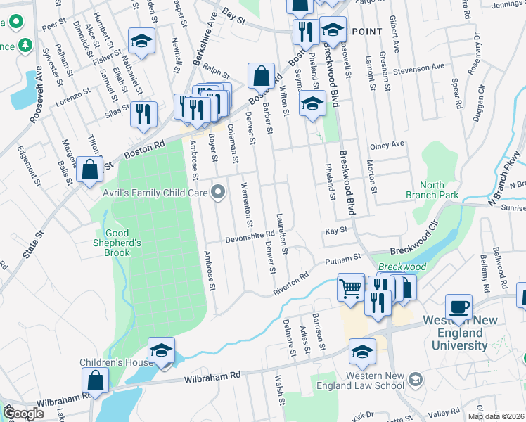 map of restaurants, bars, coffee shops, grocery stores, and more near 57 Warrenton Street in Springfield
