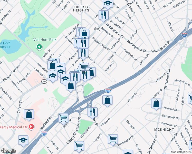 map of restaurants, bars, coffee shops, grocery stores, and more near 56 Clantoy Street in Springfield