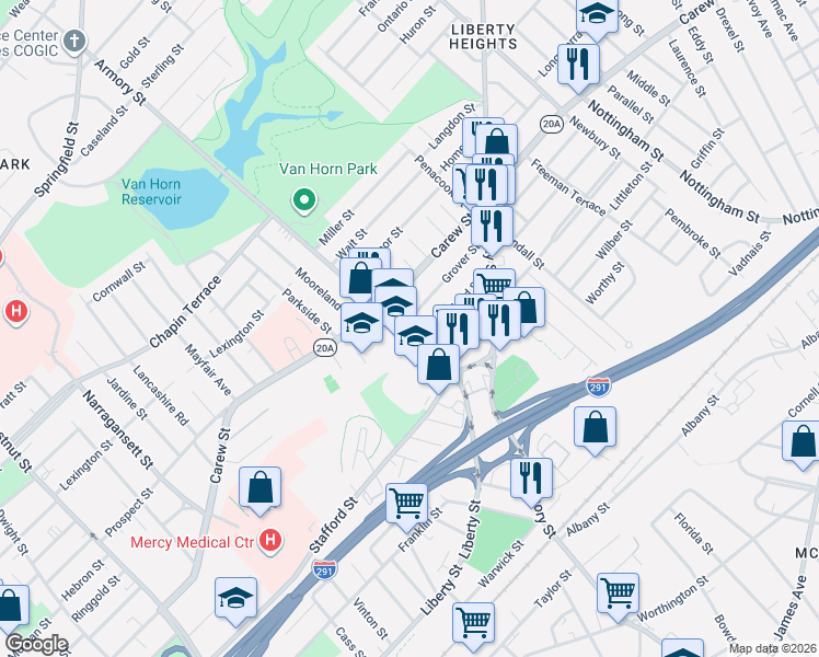 map of restaurants, bars, coffee shops, grocery stores, and more near 474 Armory Street in Springfield
