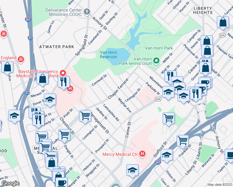 map of restaurants, bars, coffee shops, grocery stores, and more near 204 Chapin Terrace in Springfield