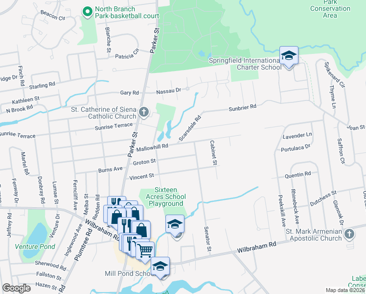 map of restaurants, bars, coffee shops, grocery stores, and more near 121 Mallowhill Road in Springfield