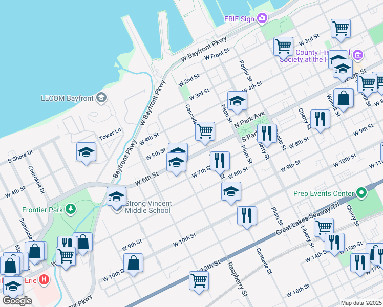 map of restaurants, bars, coffee shops, grocery stores, and more near 1036 West 6th Street in Erie