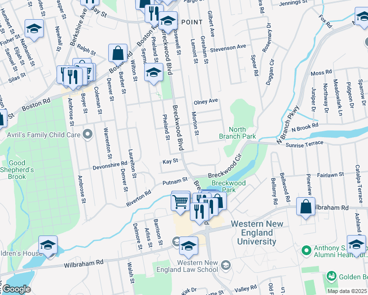 map of restaurants, bars, coffee shops, grocery stores, and more near 305 Breckwood Boulevard in Springfield