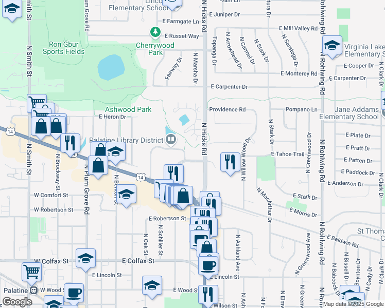 map of restaurants, bars, coffee shops, grocery stores, and more near 640 North 1st Bank Drive in Palatine