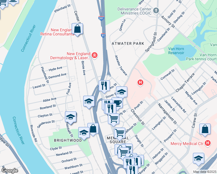 map of restaurants, bars, coffee shops, grocery stores, and more near 32-34 Merwin Street in Springfield