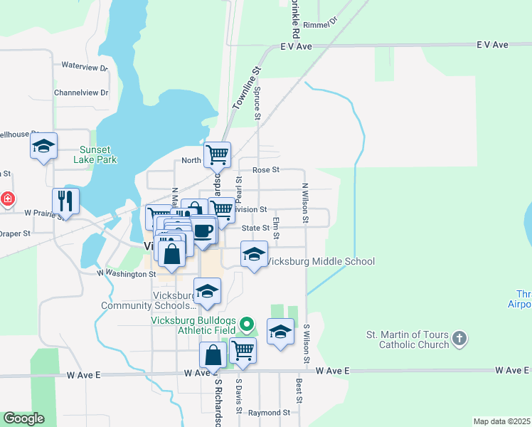 map of restaurants, bars, coffee shops, grocery stores, and more near 414 East Division Street in Vicksburg