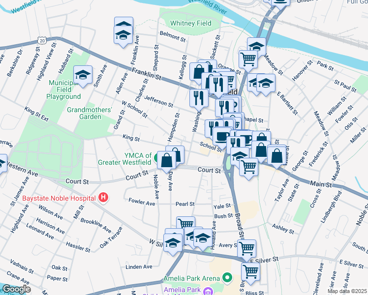 map of restaurants, bars, coffee shops, grocery stores, and more near 16 Washington Street in Westfield