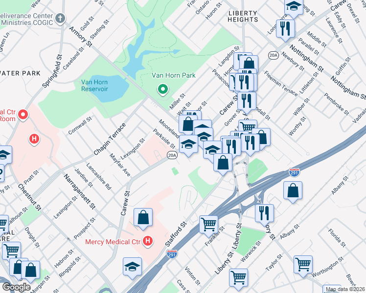 map of restaurants, bars, coffee shops, grocery stores, and more near 572 Carew Street in Springfield
