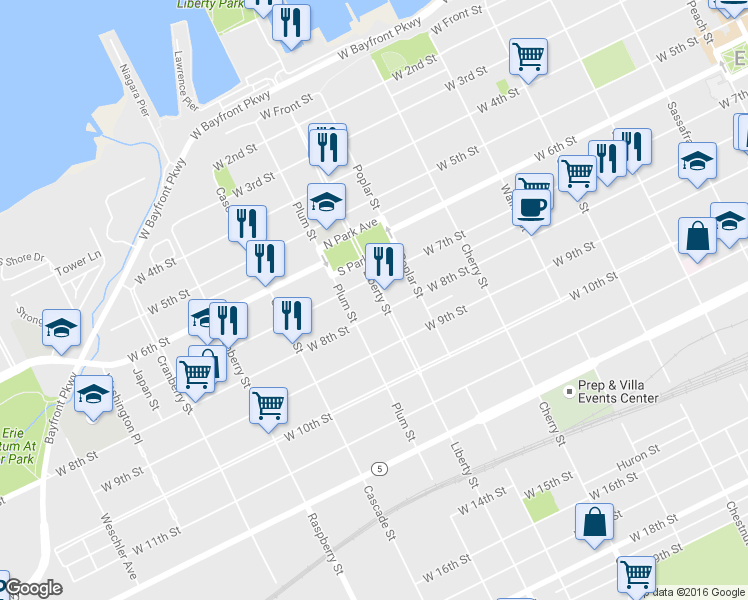 map of restaurants, bars, coffee shops, grocery stores, and more near 720 Liberty Street in Erie