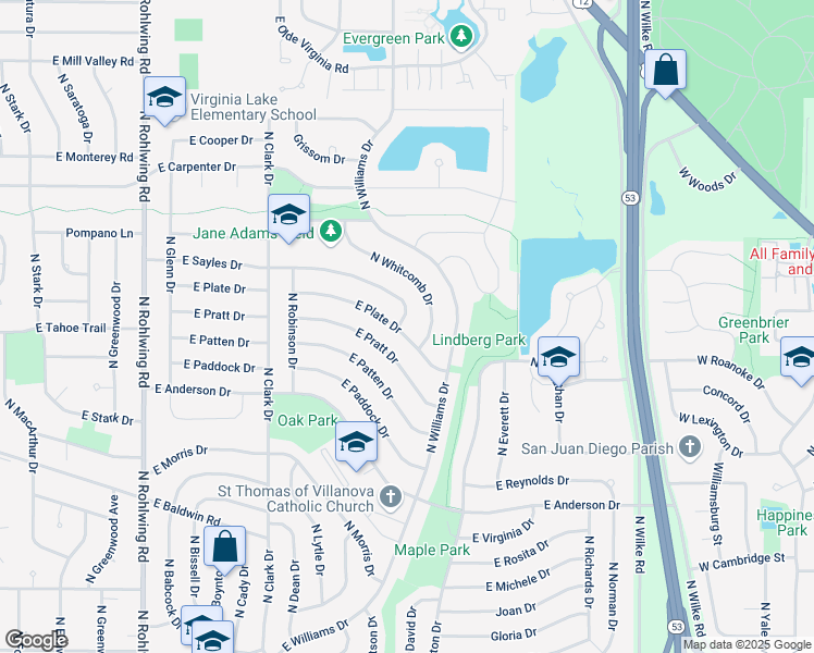 map of restaurants, bars, coffee shops, grocery stores, and more near 1212 East Plate Drive in Palatine