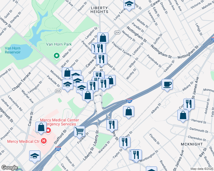 map of restaurants, bars, coffee shops, grocery stores, and more near 633-665 Liberty St in Springfield