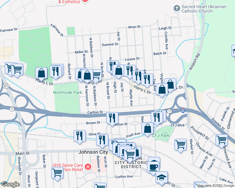 map of restaurants, bars, coffee shops, grocery stores, and more near 42 High St in Johnson City