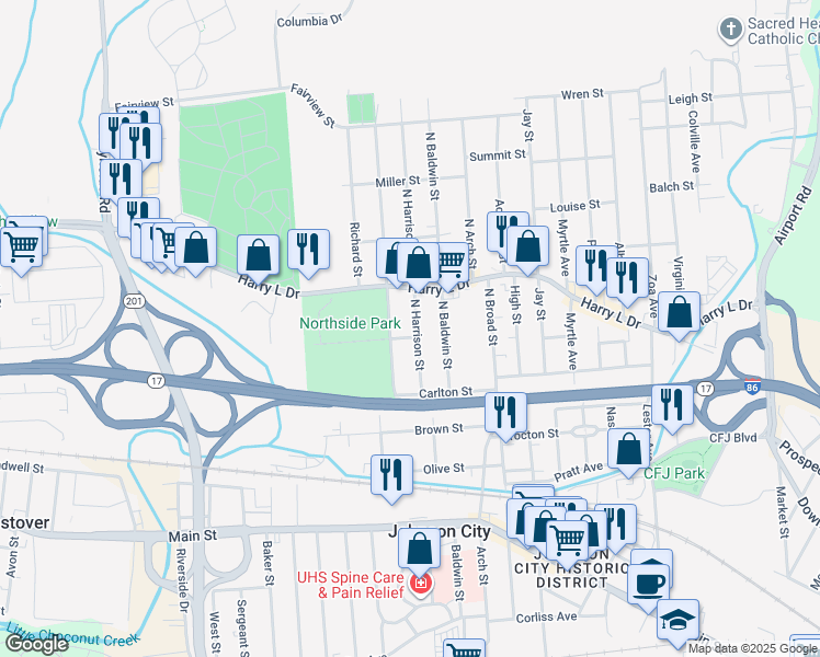 map of restaurants, bars, coffee shops, grocery stores, and more near 57 N Harrison St in Johnson City