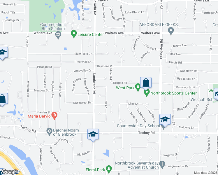 map of restaurants, bars, coffee shops, grocery stores, and more near 1707 Ivy Lane in Northbrook