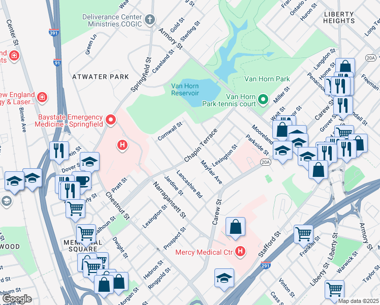map of restaurants, bars, coffee shops, grocery stores, and more near 204 Chapin Terrace in Springfield