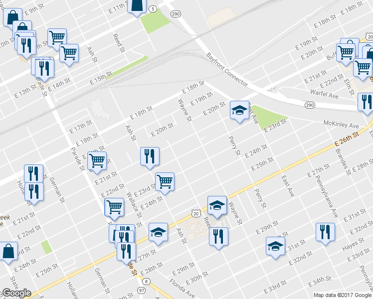 map of restaurants, bars, coffee shops, grocery stores, and more near 728 East 22nd Street in Erie
