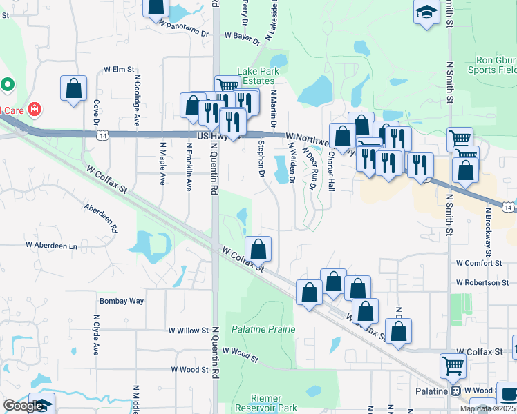 map of restaurants, bars, coffee shops, grocery stores, and more near 624 North Geri Court in Palatine
