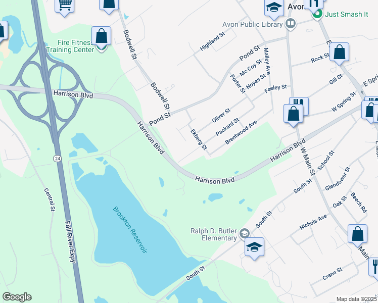 map of restaurants, bars, coffee shops, grocery stores, and more near 149 Packard Street in Avon
